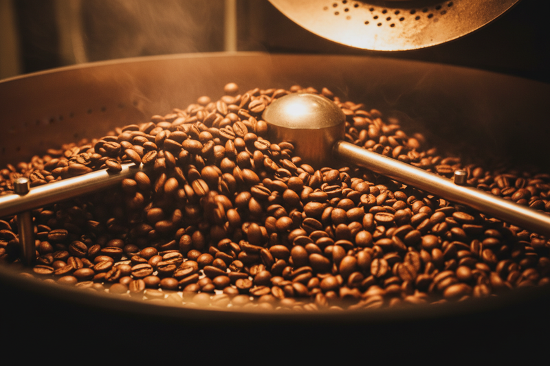 Just the coffee beans in a commercial roaster roasting cinematic